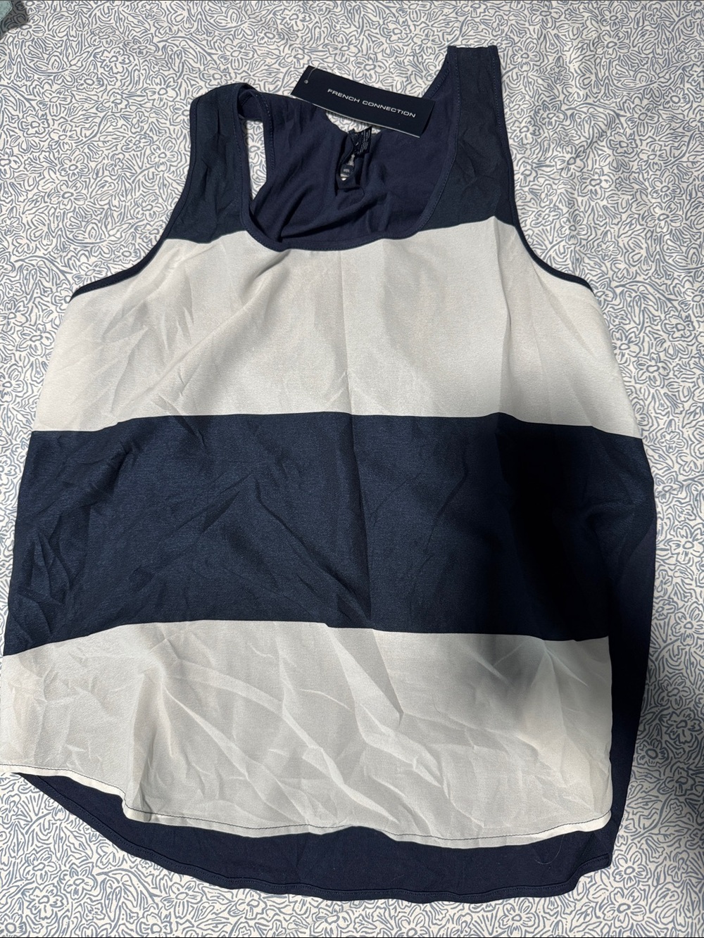 French Connection Navy Sleeveless Tank with Embroidered Geometric Border